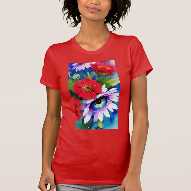 Camiseta Surreal Blue Eye Pink Flower & Red Zenias (Anverso)