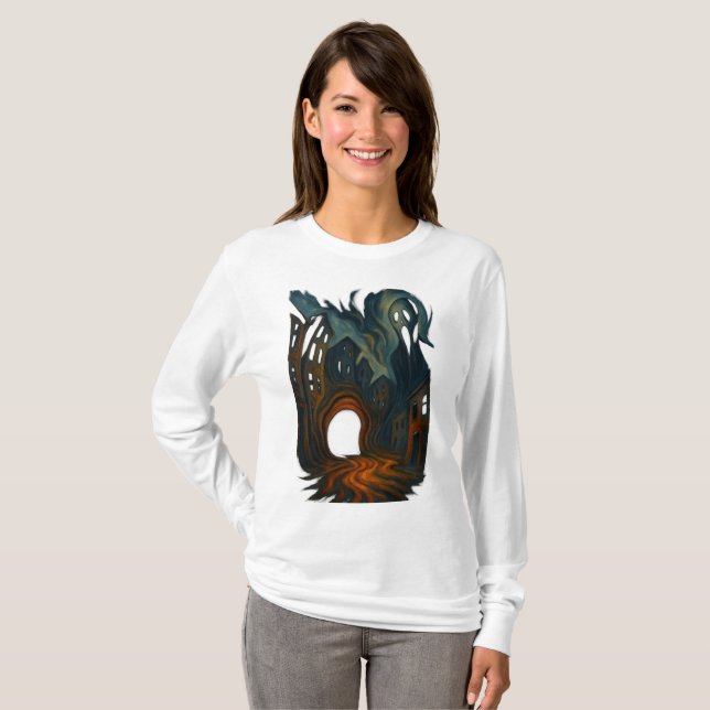 Camiseta Surreal Dark Cityscape Art Ghostly Figure Painting (Anverso completo)