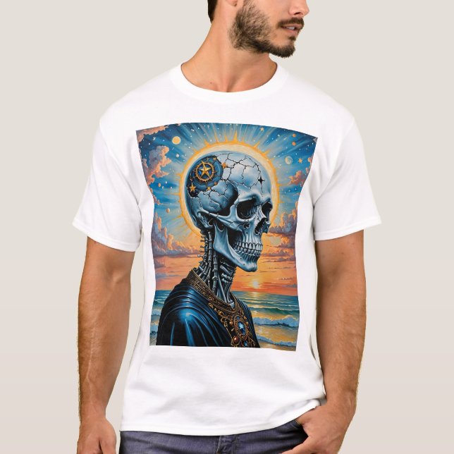 Camiseta Surrealista Cosmic Skull T-Shirt - Sunset (Anverso)
