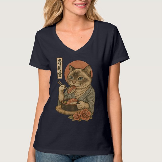 Camiseta Sushi Cat – Elegant Japanese Style Cat Eating Sush (Anverso)