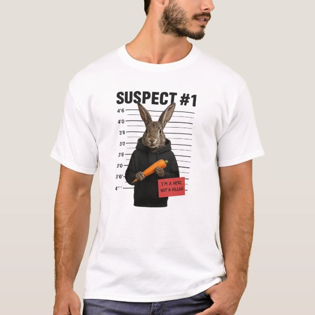 Camiseta Suspect #1 – Funny Bunny Mugshot with Carrot (Anverso)
