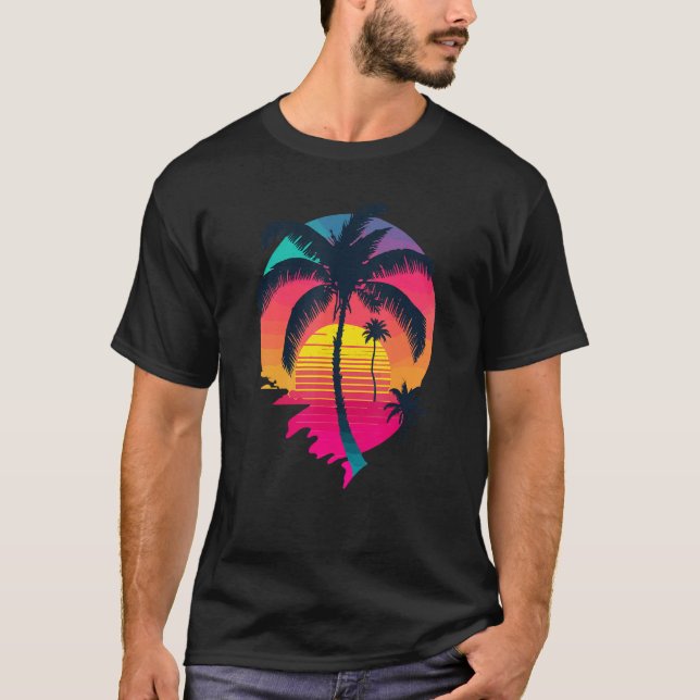 Camiseta Synth Island Sunset Synthwave Aesthetic Palm Tree  (Anverso)