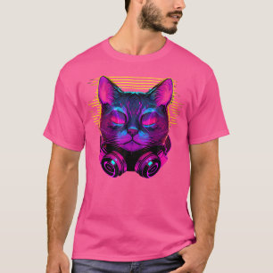 Camiseta Synthwave Cyberdelic 80S Gato Dj Auriculares Cyber