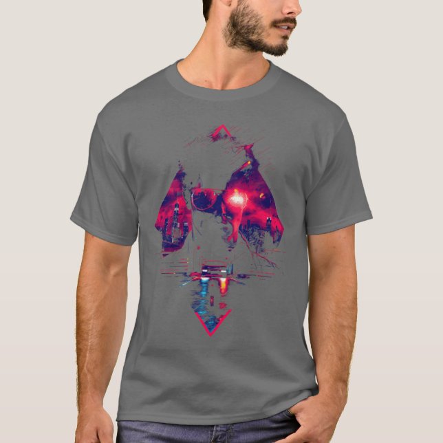 Camiseta Synthwave Man Retro Car City Vaporwave 90s family  (Anverso)
