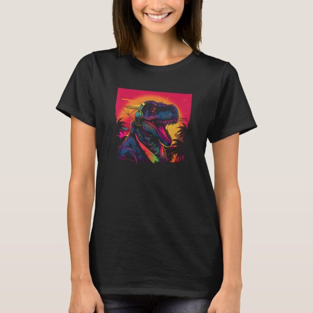 Camiseta Synthwave Retro Dinosaur T-Rex Synthwave 80s Cultu (Anverso)