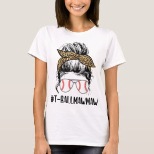 Camiseta T-ball Mawmaw Life Messy Bun Leopard Print Softbal