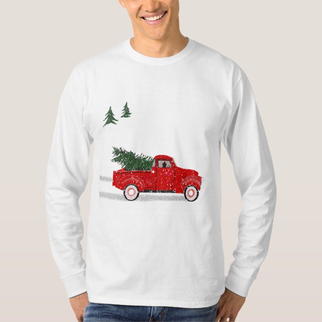 Camiseta T Navidades masculinos, camioneta roja (Anverso)