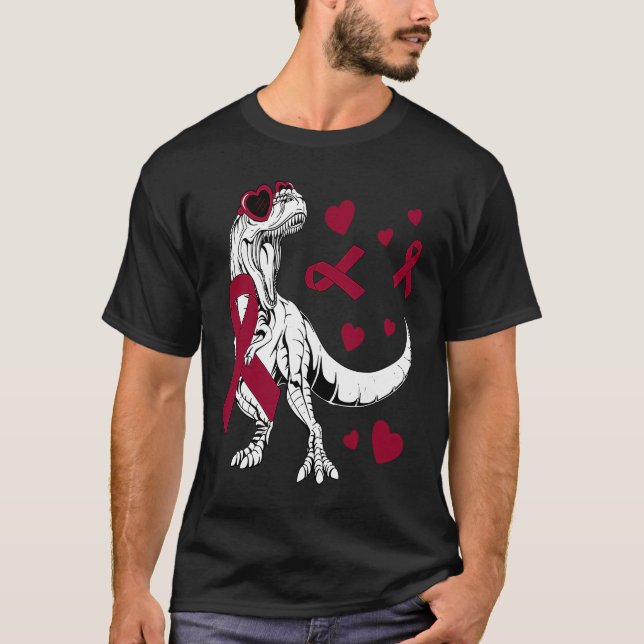 Camiseta T Rex & Burgundy Ribbon Mieloma Múltiple Concienci (Anverso)