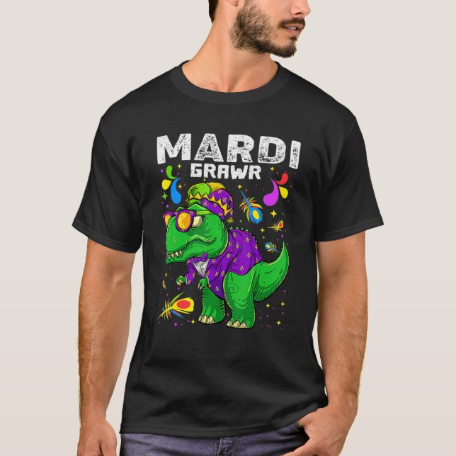 Camiseta T Rex Dinosaur Mardi Gras Bead Costume Mardi Grawr (Anverso)
