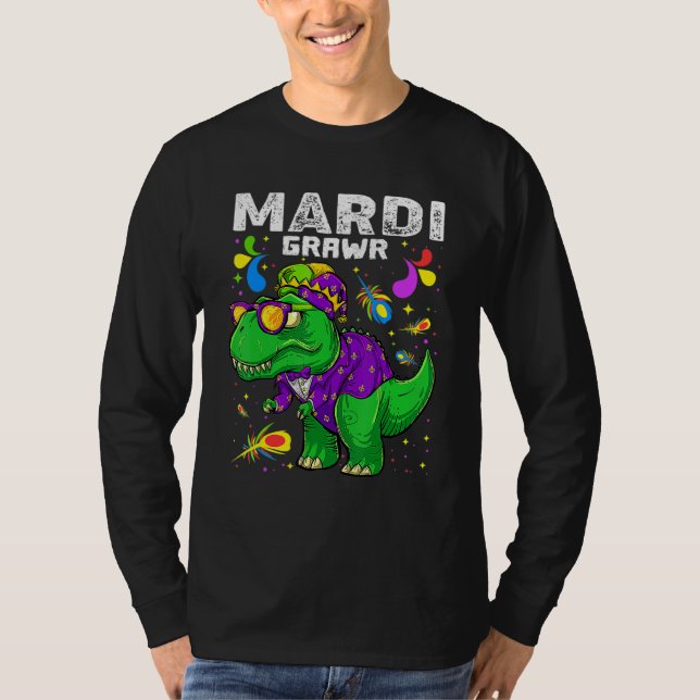 Camiseta T Rex Dinosaur Mardi Gras Bead Costume Mardi Grawr (Anverso)