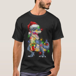 Camiseta T Rex Dinosaur Merry Christmas Luce Santa Hat
