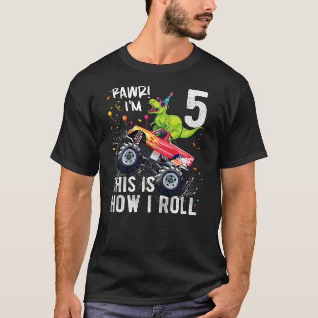 Camiseta T Rex Dinosaur Monster Truck 5th Birthday Boys and (Anverso)