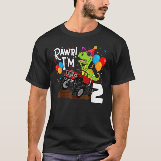 Camiseta T Rex Dinosaur Monster Truck Cumpleaños Para Niños (Anverso)