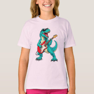 Camiseta T-Rex Dinosaur Rockero con Gafas de Sol y Guitarra