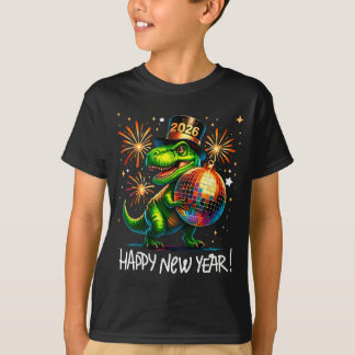 Camiseta T Rex Happy New Year 2026 Disco Ball Fireworks Tee