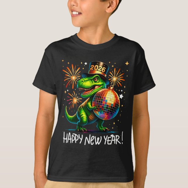 Camiseta T Rex Happy New Year 2026 Disco Ball Fireworks Tee (Anverso)