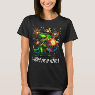 Camiseta T Rex Happy New Year 2026 Disco Ball Fireworks Tee