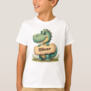 Camiseta T-Rex juguetón con letrero de nombre de piedra
