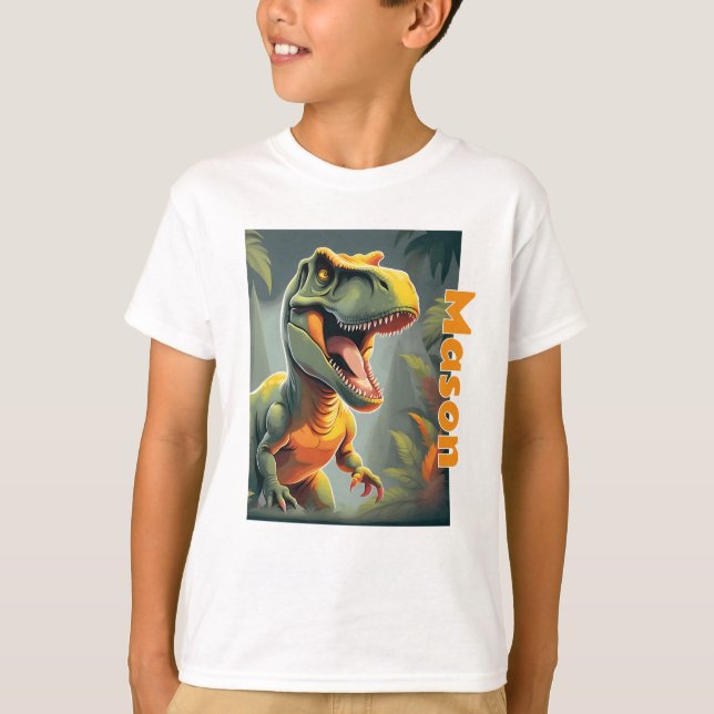 Camiseta T-Rex Jurásico Dinosaurio gris y Naranja (Anverso)