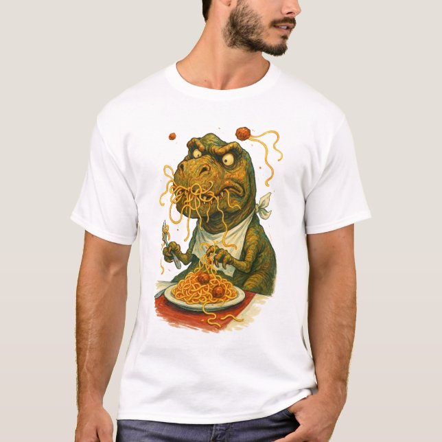 Camiseta T-Rex luchando por comer espagueti (Anverso)