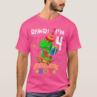 Camiseta T Rex Niño De 4 Años, Cuarto Cumpleaños Fiesta Raw