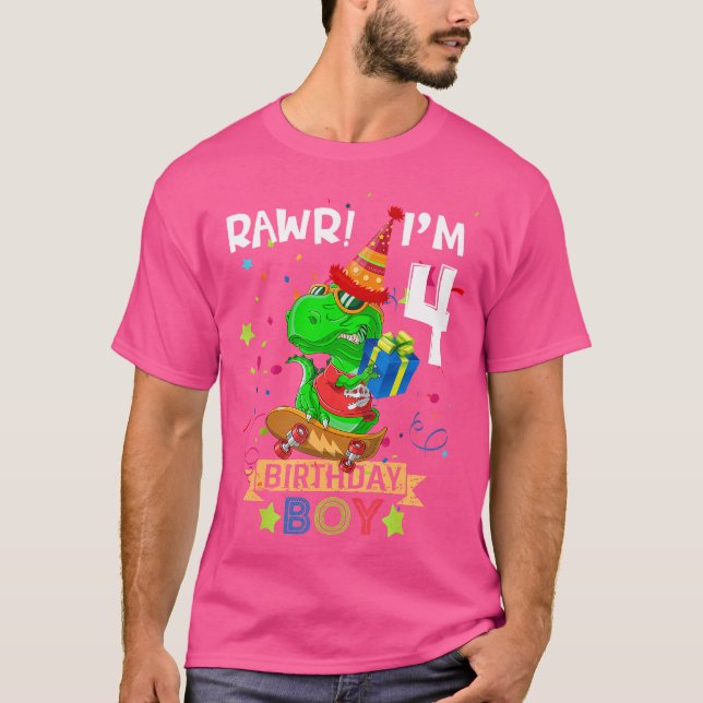 Camiseta T Rex Niño De 4 Años, Cuarto Cumpleaños Fiesta Raw (Anverso)