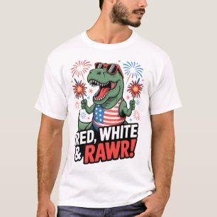 Camiseta T-Rex Patriótico Adorable 4 de Julio Rojo Blanco y