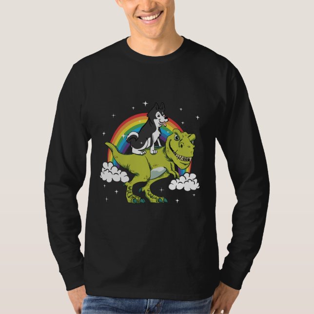 Camiseta T Rex Riding Husky Dog Niños y amp Presente (Anverso)