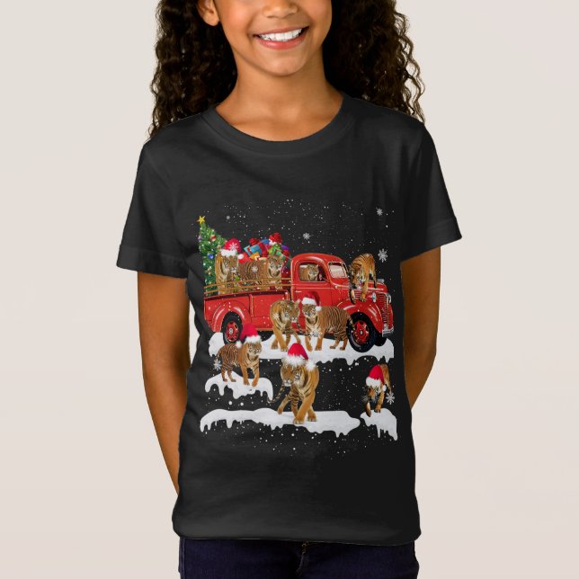 Camiseta T-rex Riding Red Truck Árbol de Navidad Cree Sant (Anverso)