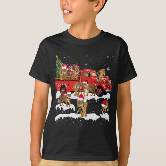Camiseta T-rex Riding Red Truck Árbol de Navidad Cree Sant (Anverso)