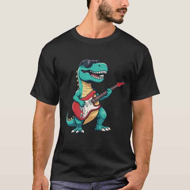 Camiseta T-Rex Rock and Roll T-Shirt | Cartoon Dinosaur  (Anverso)