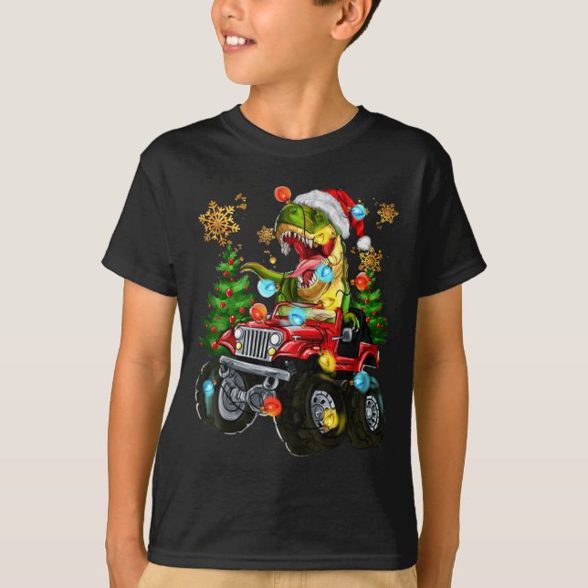 Camiseta T-rex Santa In Monster Truck With Christmas Trees  (Anverso)