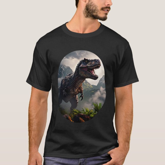 Camiseta T-Rex standing before a rugged mountain range (Anverso)