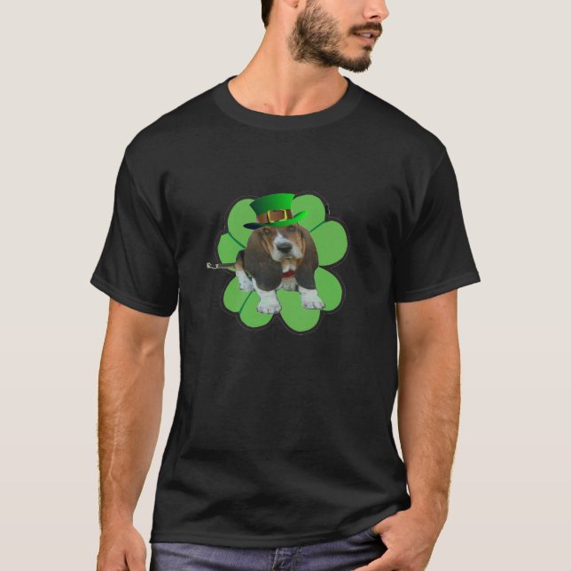 Camiseta T-Shirt Basset Hound Happy St. Patrick's Clover (Anverso)