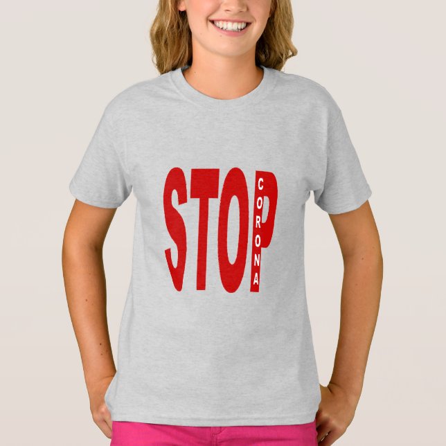 Camiseta T-shirt cendre filles STOP CORONA (Anverso)