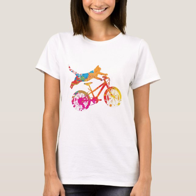 Camiseta T-shirt Chat drôle sur un vélo en peinture. (Anverso)