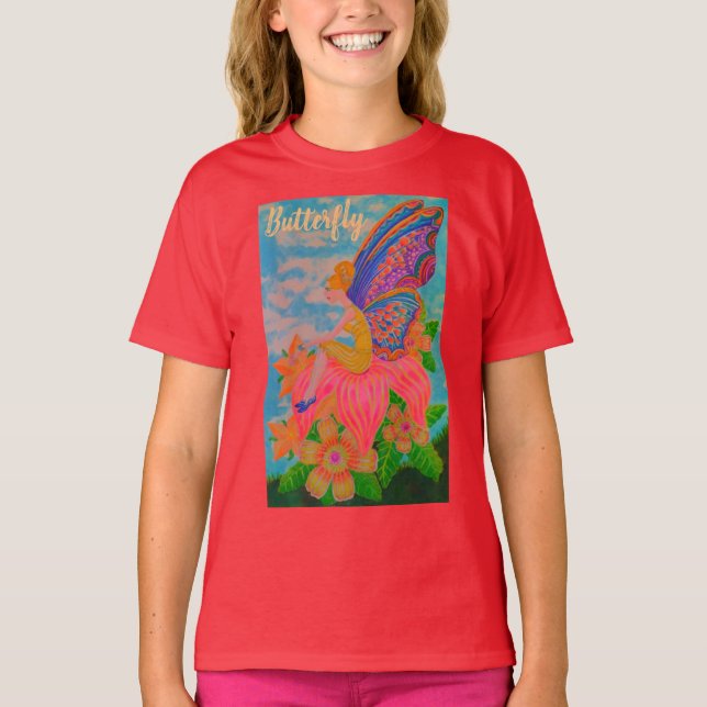 Camiseta T-Shirt Flores de mariposa roja cielo azul (Anverso)