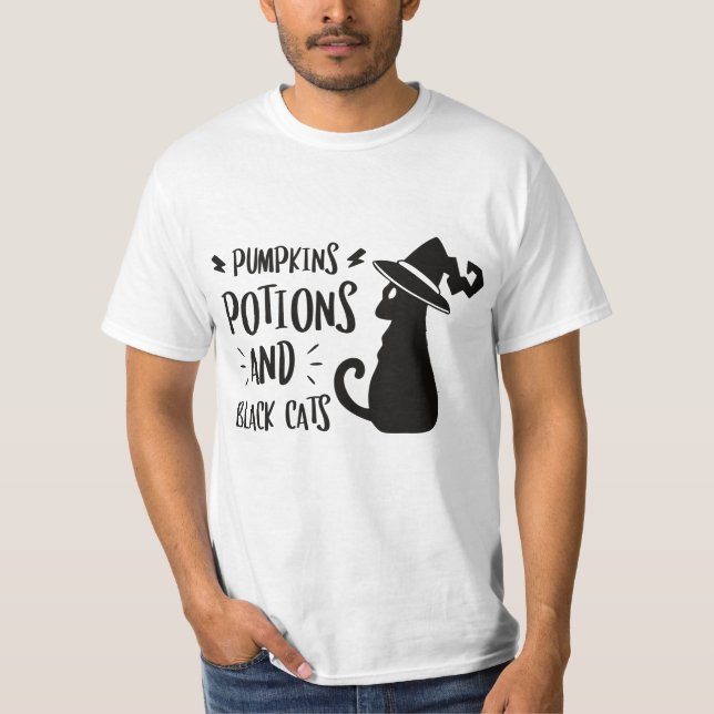 Camiseta T-shirt humour potions potirons et chats noirs (Anverso)