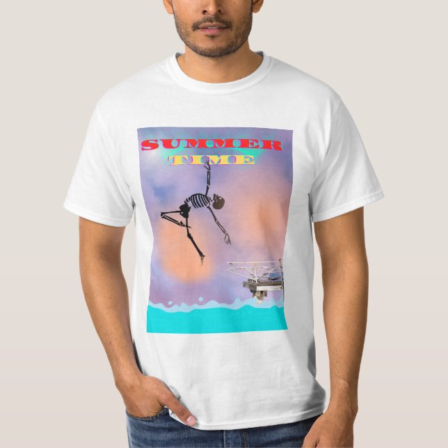 Camiseta T-shirt, lustig, Skelett springt ins Meer (Anverso)