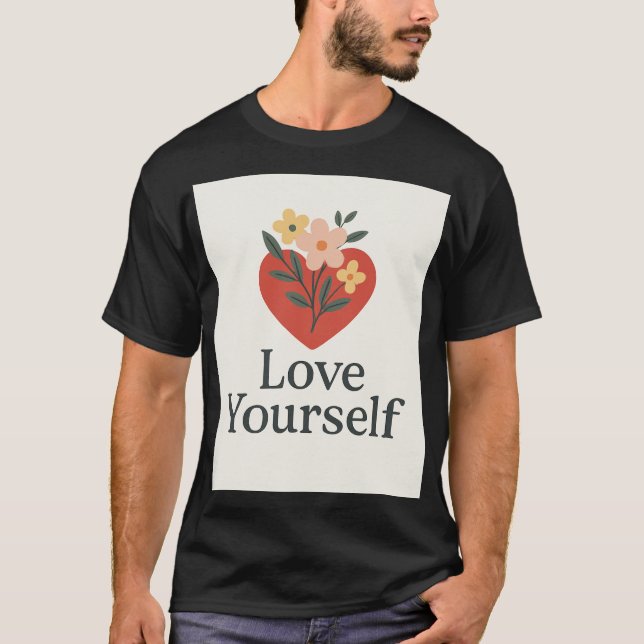 Camiseta T-shirt noir "Love Yourself" avec motif cœur et fl (Anverso)