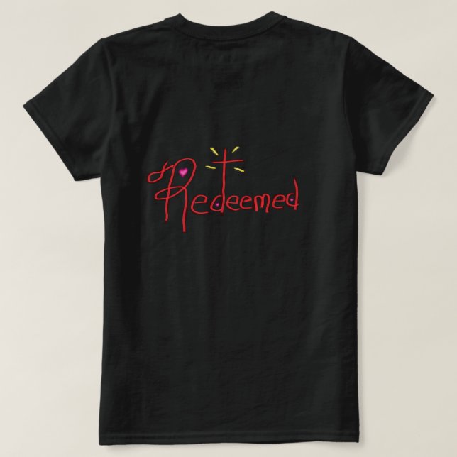 Camiseta T Shirt ‘Redeemed’ Hand Drawn Text Cross Hearts (Reverso del diseño)