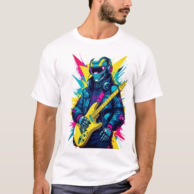 Camiseta T-ShirtCyberpunk Robot Guitarist Synthwave Art Tee (Anverso)