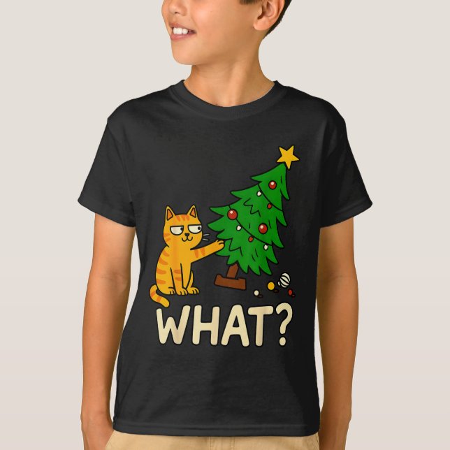Camiseta Tabby Cat Xmas Cat Pushing Christmas Tree Over Cat (Anverso)