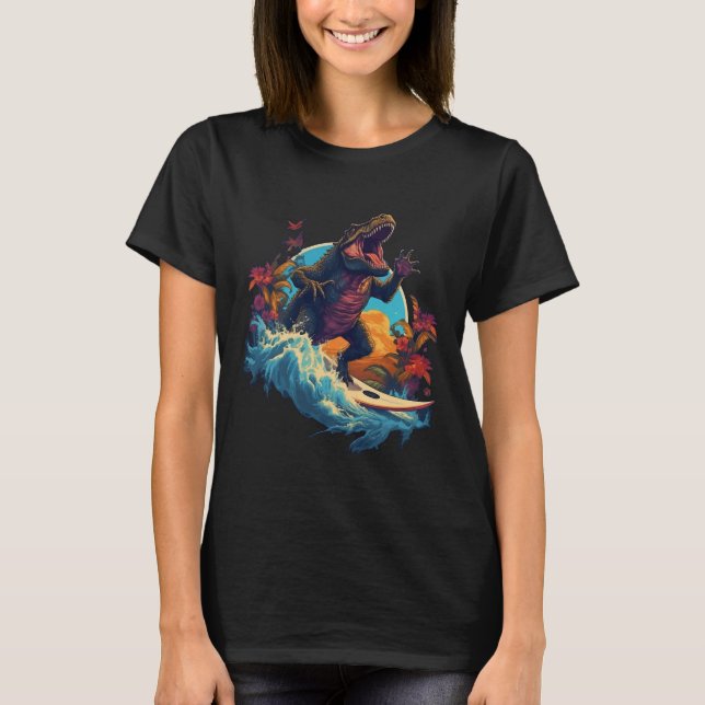 Camiseta Tabla de surf de dinosaurio Playa Surf Surfer Dino (Anverso)