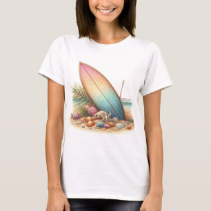 CAMISETA TABLA DE SURF Y FLORES OMBRE PASTEL EN LA PLAYA