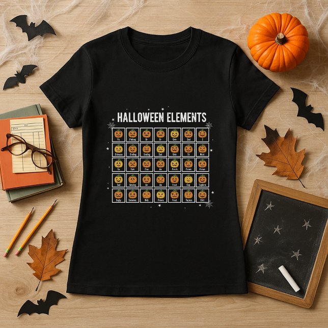 Camiseta Tabla periódica de Halloween de química de calabaz (Subido por el creador)