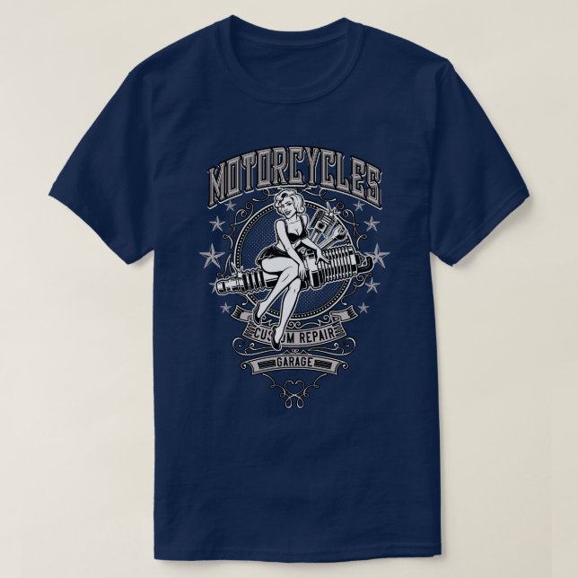Camiseta Taller de garaje de motocicletas PinUp (Diseño del anverso)