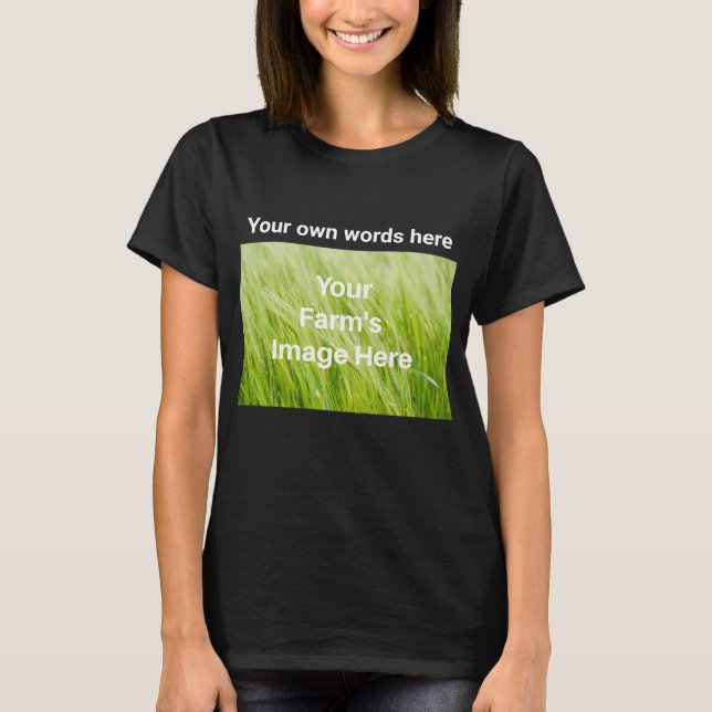 Camiseta tamaño adulto, negro, imagen de granja propia y te (Anverso)
