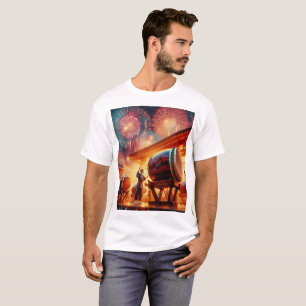 Camiseta tambor armado con fuegos artificiales en el fondo