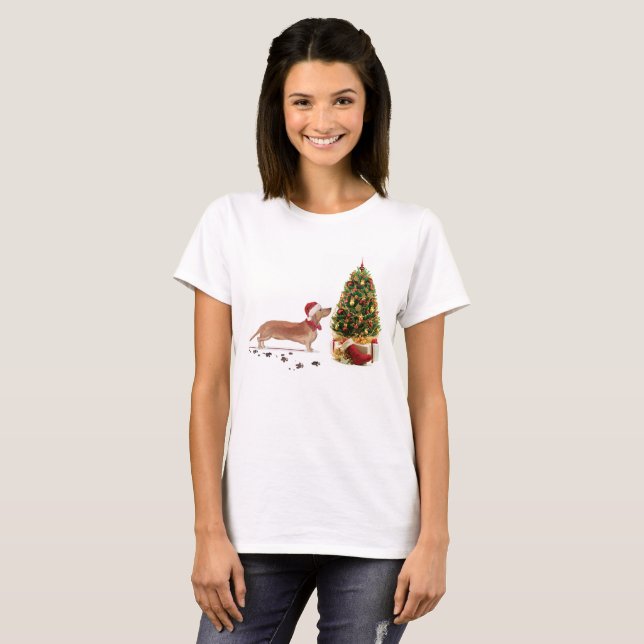 Camiseta Tan Dachshund graciosos Navidades perro con árbol (Anverso completo)